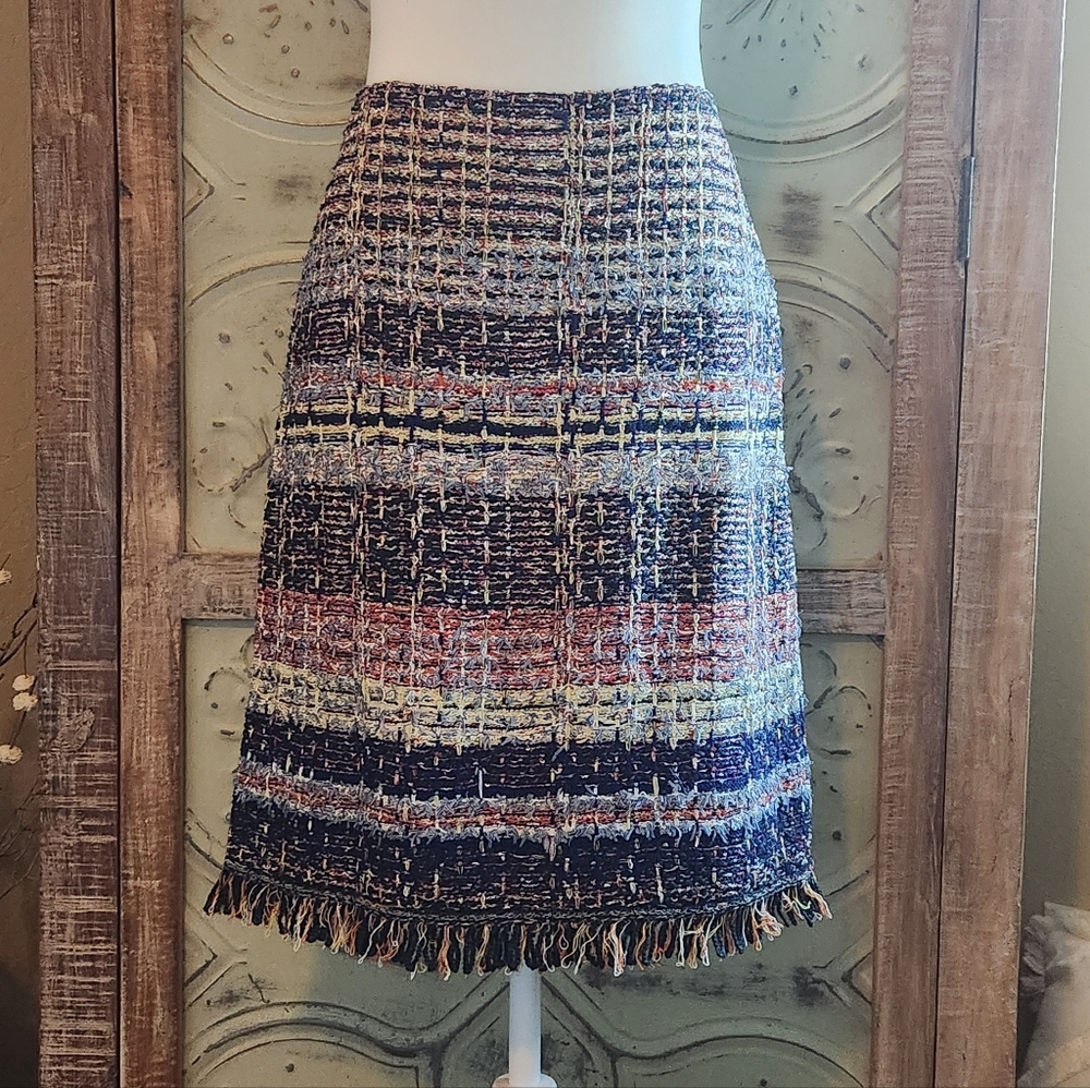 St. John Knitted Wool Blend Multi Blue Fringe Skirt | Size 4